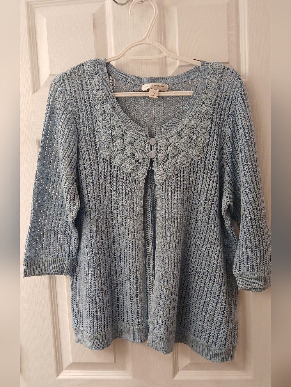 Christopher & Banks Open‑Knit Cardigan – XL – Light Blue – Rosette Yoke Detail